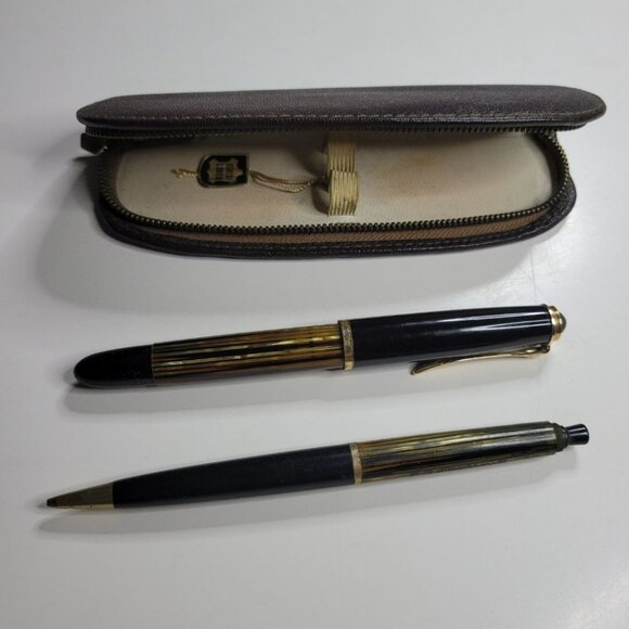 Pelikan‎ Fountain Pen Tortoise Brown Stripe Case Mechanical Pencil Zip Vintage - Picture 1 of 16